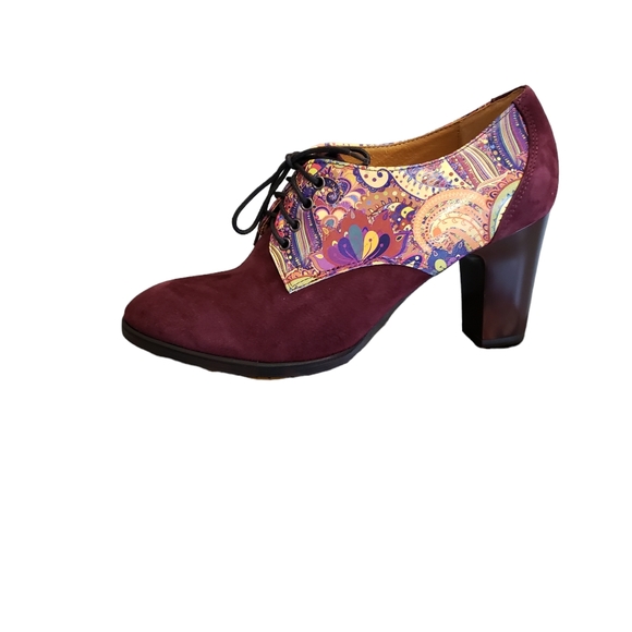NEW Embassy London Burgundy Purple Paisley Roulette Suede Leather Block Heel - Picture 3 of 15